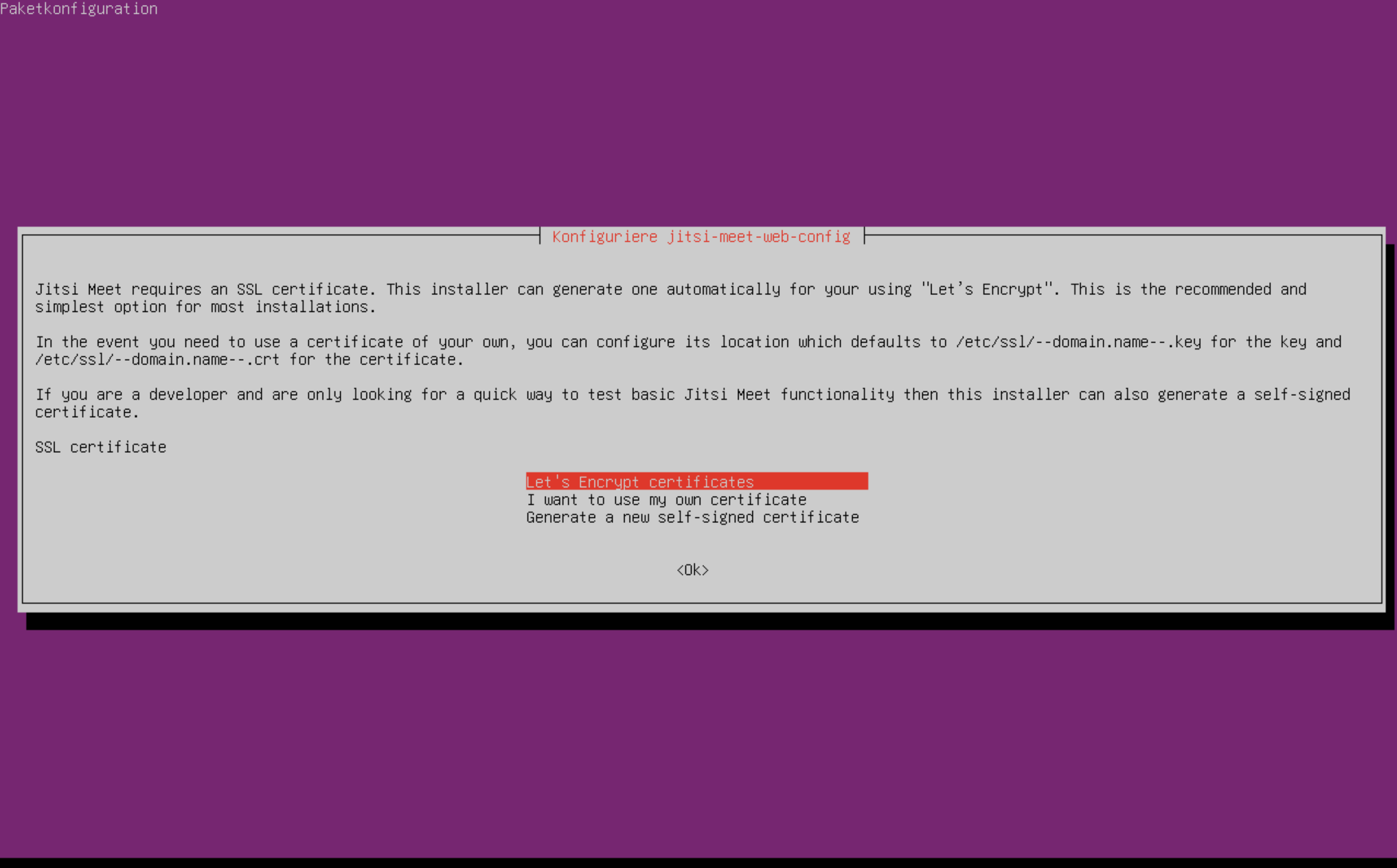 Befehle in der Linux-Konsole zur Installation von Jitsi
